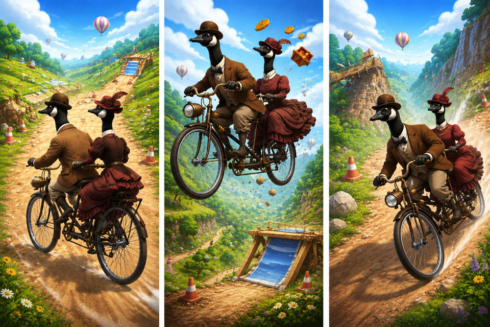 Two Victorian geese on a tandem bike: cruising, catching air, racing downhill